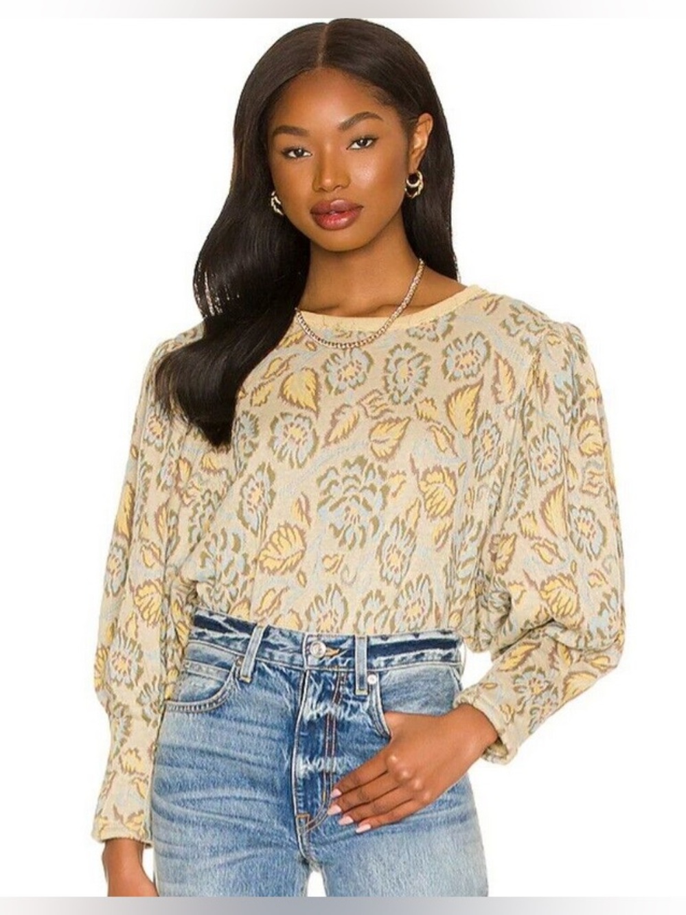 Free People Floral Jacquard Puff-Sleeve Top in Cream and Yellow